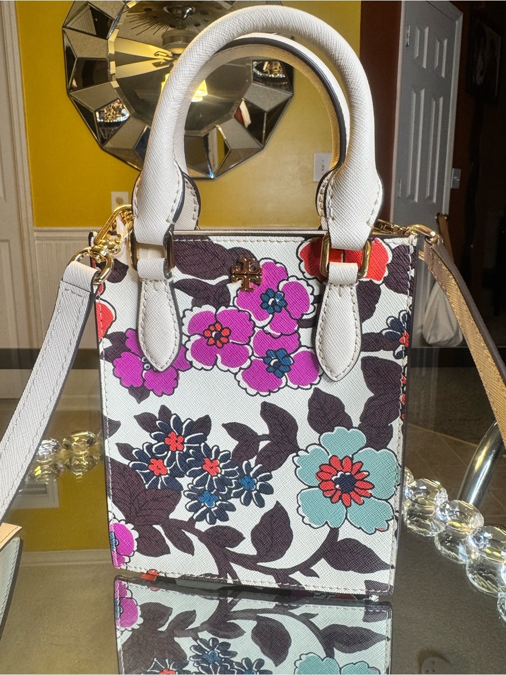 Tory Burch Emerson Printed Mini Shopper Tote Crossbody Bag In Wallpaper Floral.